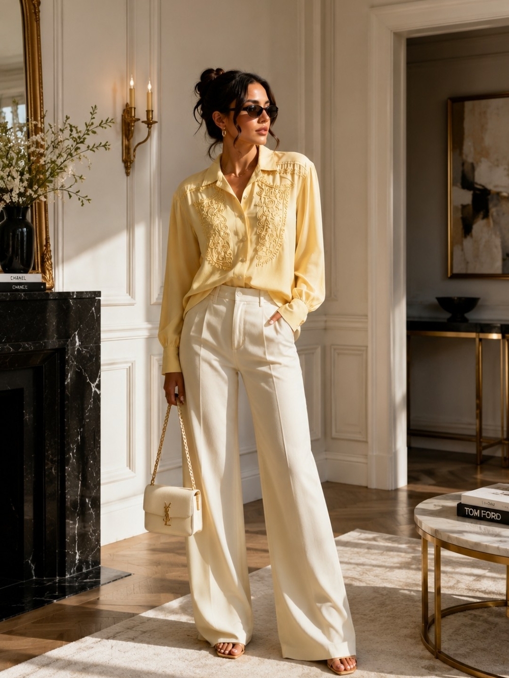 Vintage ESCADA 100% Silk Butter Yellow Embroidered Blouse